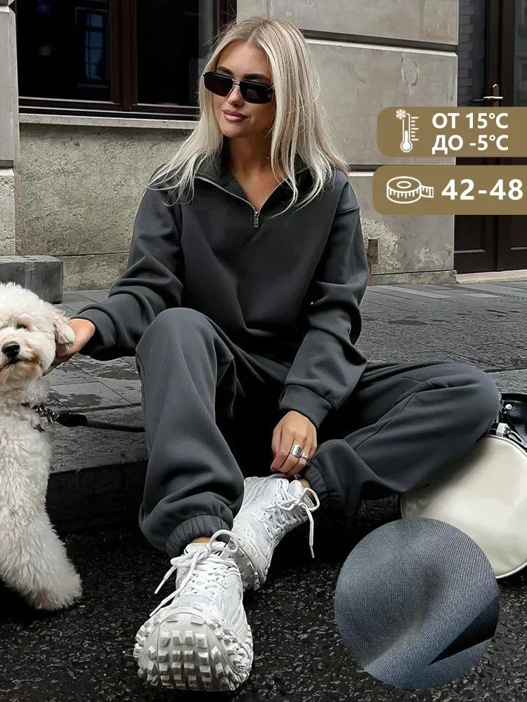 Autumn Women's Tracksuit with Zipper Cotton Oversize White Casual Two Piece Set Women Classic Sports Trouser Suits for Women