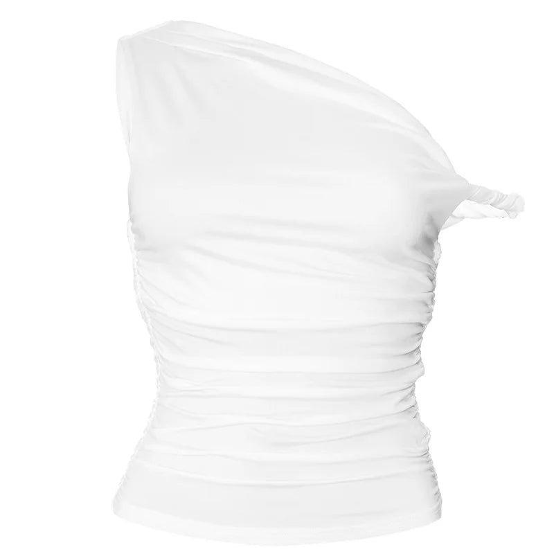 Simple Basic Casual Summer Tank Top Sleeveless Solid Color Off Shoulder Side Ruched Crop Tops Vestidos Spring Women T S