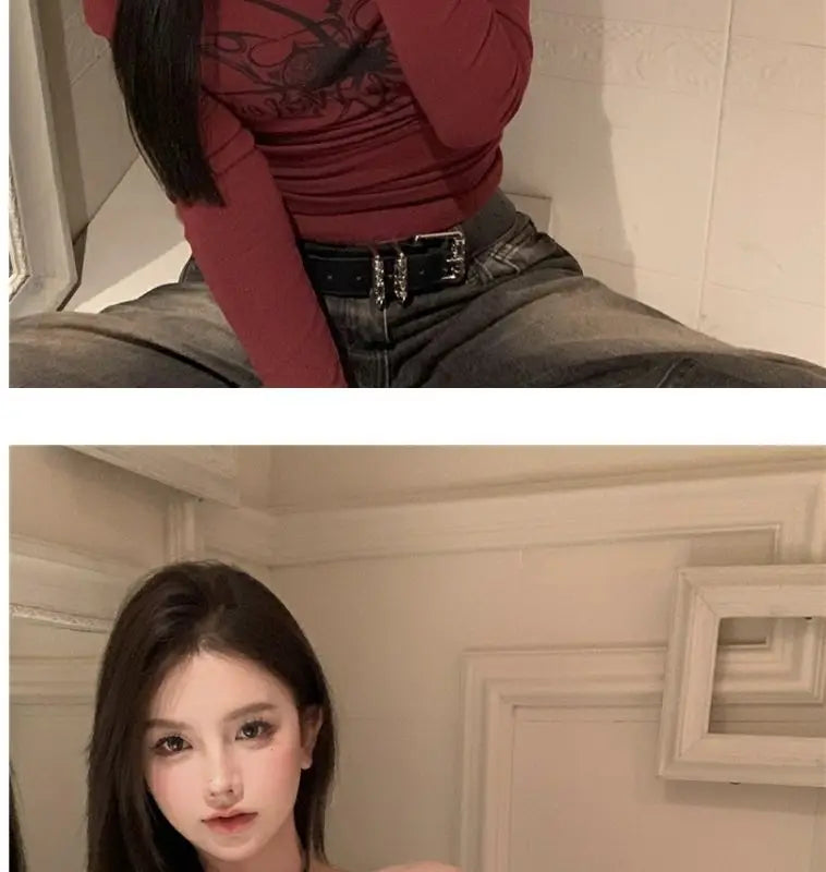 Women Y2K Gothic Grunge T Shirts Off Shoulder 2023 Autumn Streetwear Fairycore Hip Hop Tops Punk Casual Tees Female Clothes