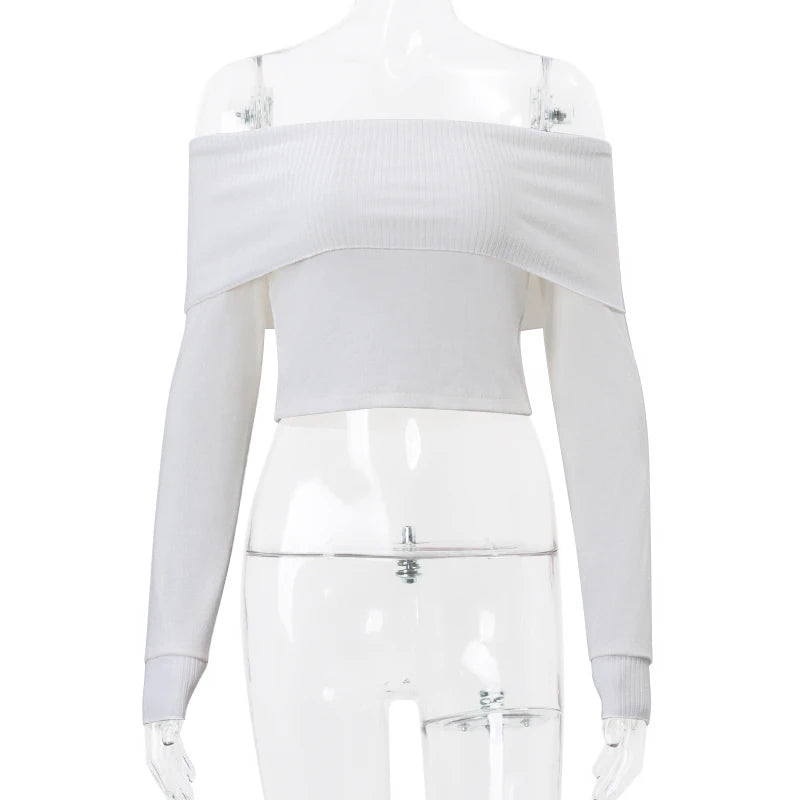 WhereMery Elegant Off Shoulder Ribbed Crop Tops Summer Fashion Casual Solid Skinny Long Sleeve Women's Gentle Y2K Tight T-shirts