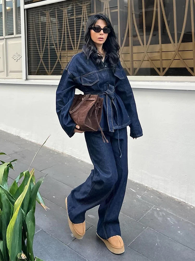 Women Two Pieces Set Denim Pant Sets Single Breasted Long Sleeve Belt Coat Wide Leg Trousers Jeans Female 2 Pieces Outfits