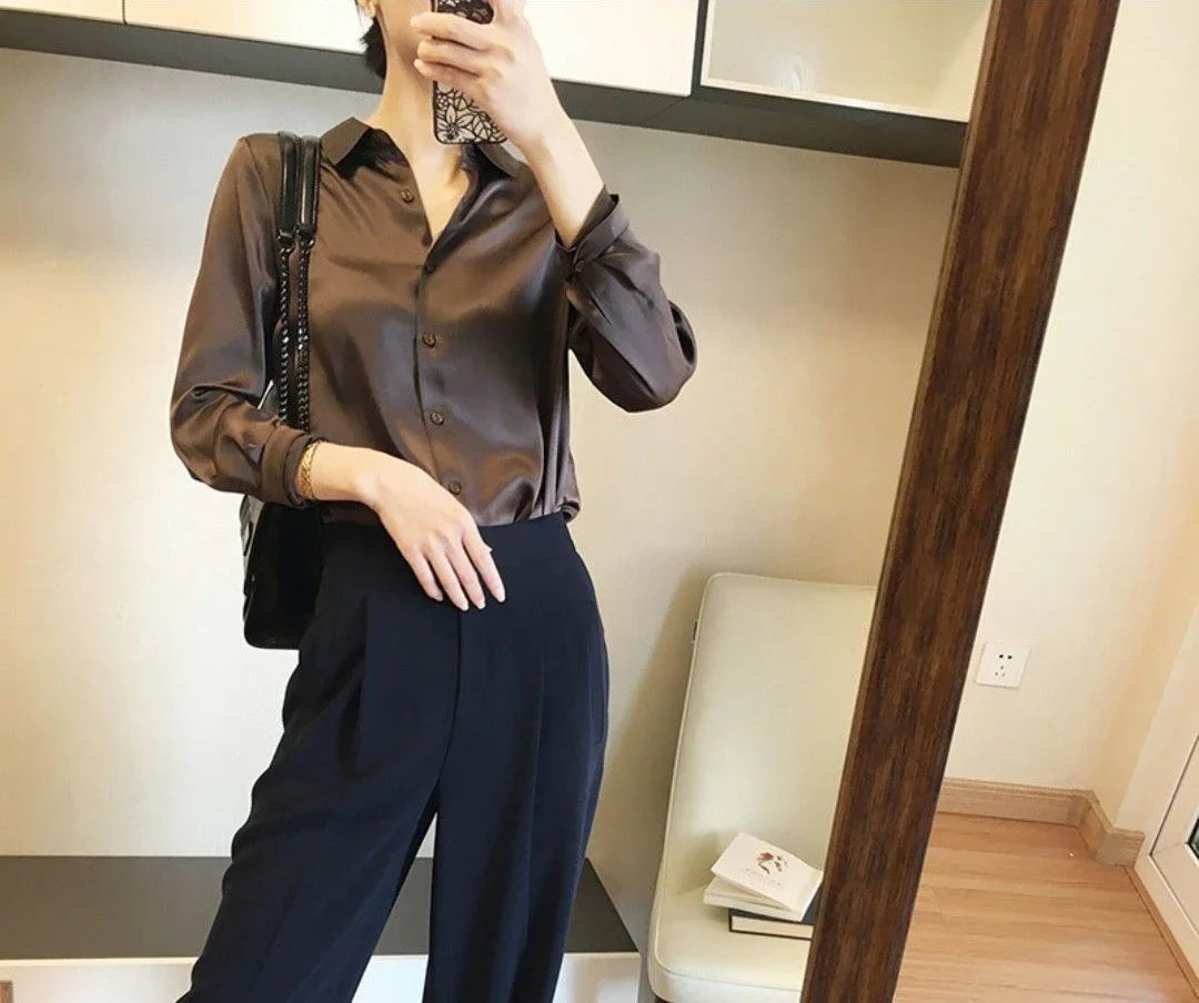 Silk Brown Clothes Wear To Work Office Outfits Long Sleeve Purple Spring Formal Tops for Women Satin Womens Shirt & Blouse Cool