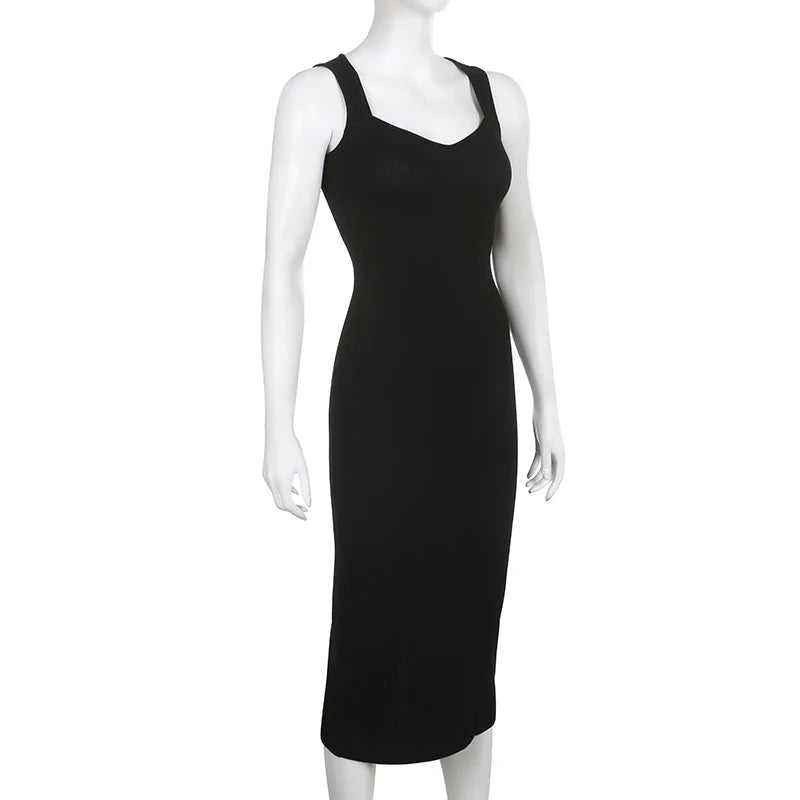CIBBAR Basic Knit Long Dress Korean Fashion Square Collar Sleeveless Women's Dresses Summer Casual Y2k Vintage All-match Outfits