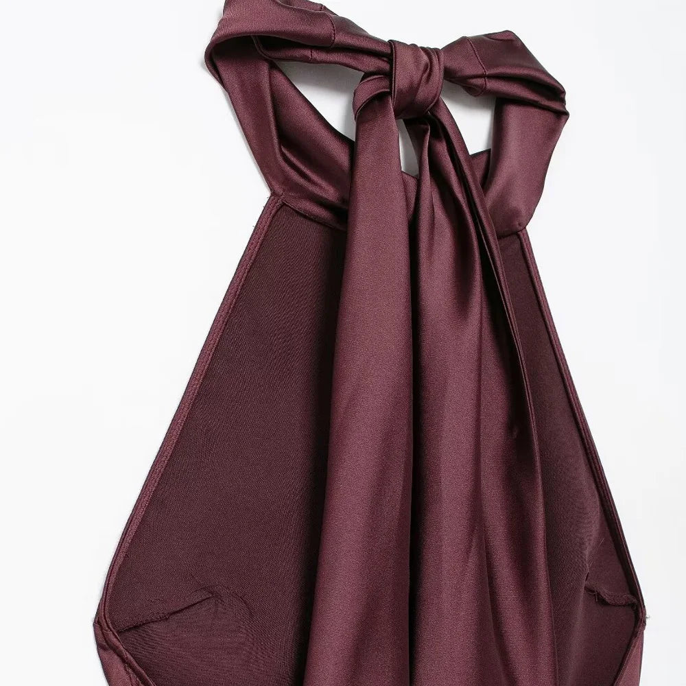 TRZA-Women's Long Satin Halter Dress, Backless, Bow Tied, Back Zipper, Female Dresses, Sexy Fashion