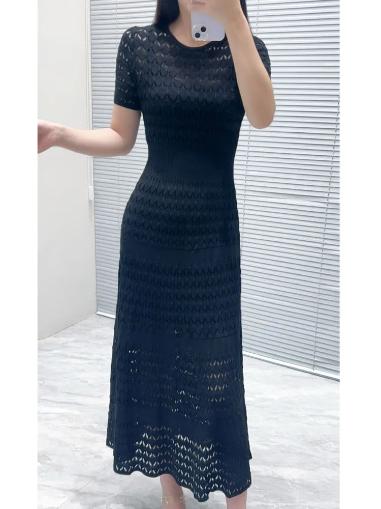 CHUJIE Women's 2025 Summer Lace Trim Dress Set - Round Neck Short Sleeve Midi Dress + Slip Dress 2 Piece Set (Rayon Nylon Blend)