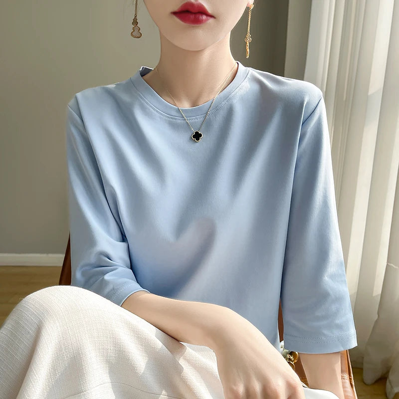 Spring And Summer New White Mercerized Cotton Short Sleeve T-Shirt Feminine Joker Cotton Cropped Sleeve Bottoming Shirt