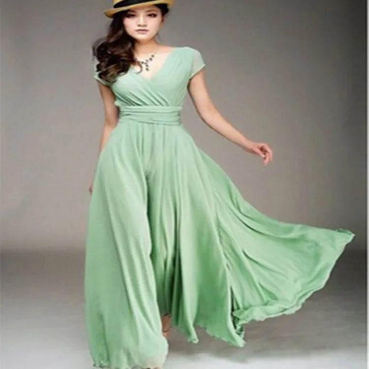 Women's Short-Sleeved Chiffon Evening Dress, Female Party Dress, Monochromatic, Bohemian, Long, Elegant, New, 2022