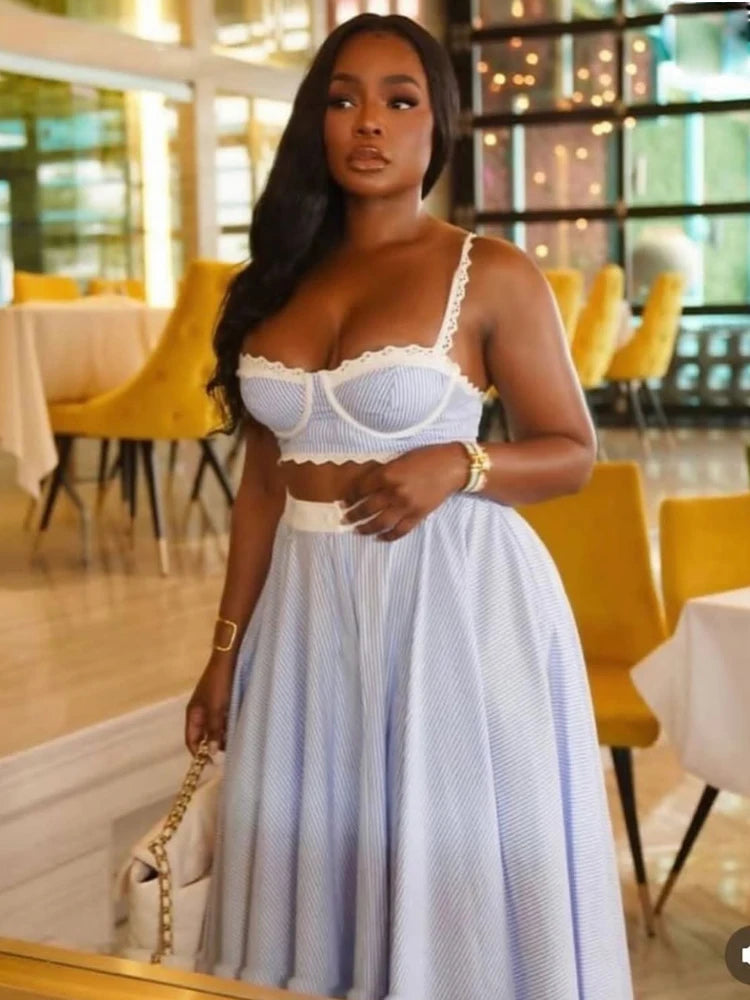 Beyprern Elegant Lace Contrast Stripes Camisole &Skirt Set Two-Piece Dress Holiday Outfits Women Tie-Back Stirped Vacation Dress