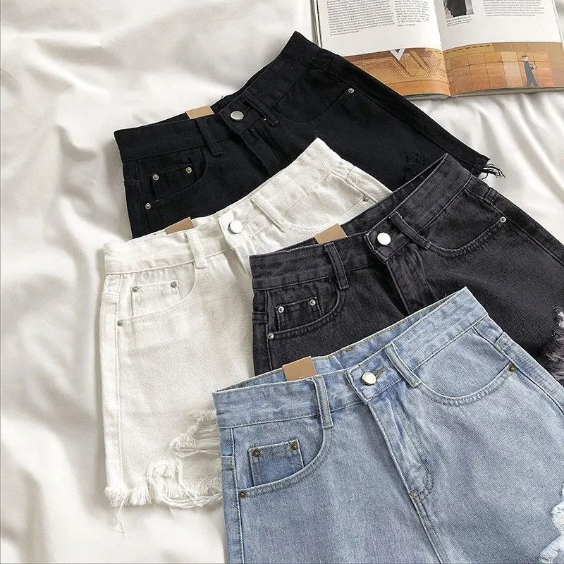 Y2K Vintage Tassel Denim Shorts Fashion Women High Waist Ripped Pocket Korean Jeans Casual Streetwear Blue Solid Hot Trousers