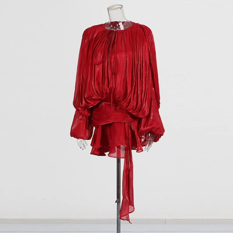 TWOTWINSTYLE Solid Blouse Mini Dresses For Women V Neck Long Sleeve Spliced Lace Up Sweet Style Dress Female Clothing Fashion