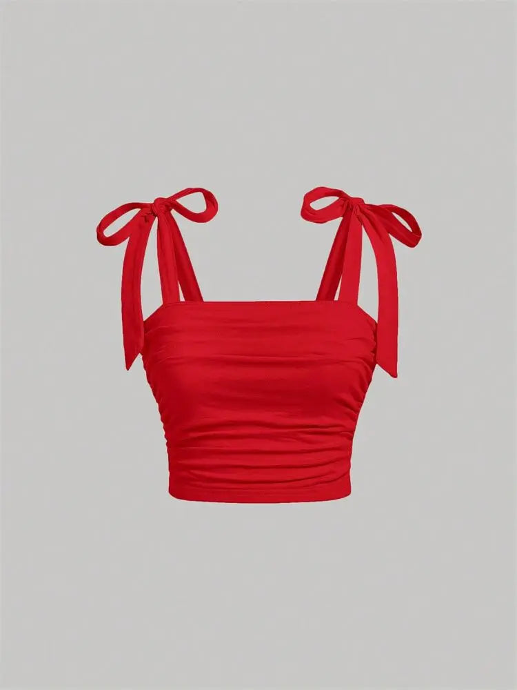 Solid Tie Shoulder Ruched Wide Strap Slim Fit Crop Top for Women Summer 2024 Y2K Clothes Pink Backless Cami Top Streetwear