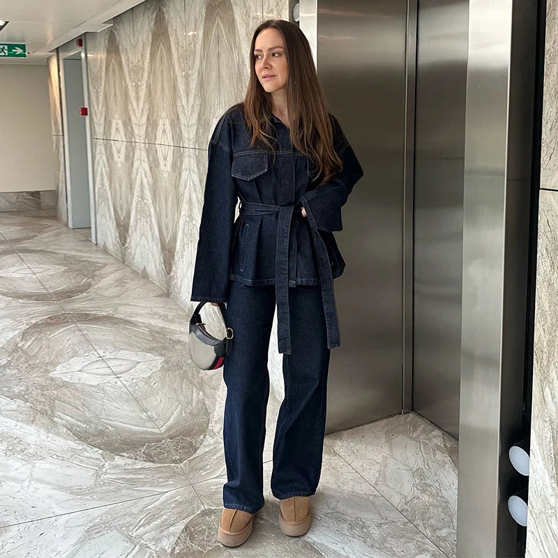 Women Two Pieces Set Denim Pant Sets Single Breasted Long Sleeve Belt Coat Wide Leg Trousers Jeans Female 2 Pieces Outfits