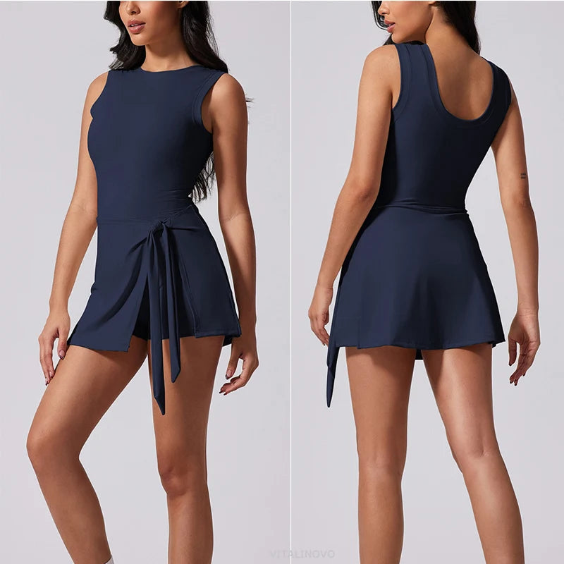 VITALINOVO Tennis Dress for Women with Built in Shorts Womens Athletic Dresses Sleeveless Boat Neck Active Workout Skort Dress