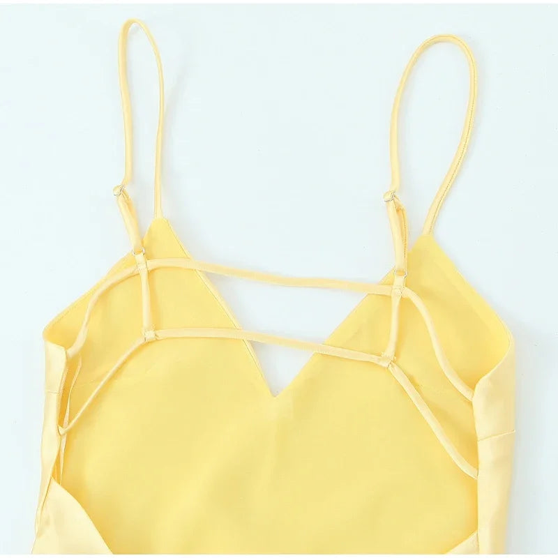 Yellow Elegant Stain Women's Sling Dress Sexy Backless Sleeveless V Neck High Waist Evening Gown Summer Chic Lady Partywear 2025