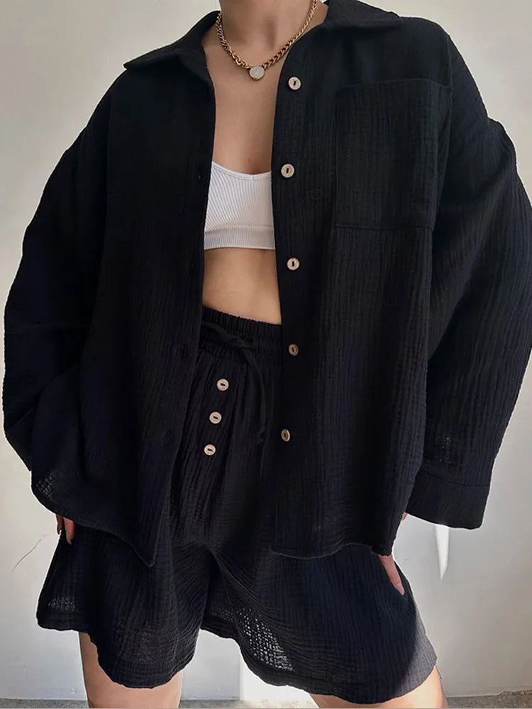 Classic Solid Shirt Pants Set Women Casual Loose Long Sleeved Lapel Elastic Waist Two Piece Suit 2025 New Summer Street Outfit