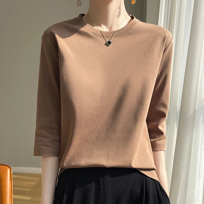 Spring And Summer New White Mercerized Cotton Short Sleeve T-Shirt Feminine Joker Cotton Cropped Sleeve Bottoming Shirt