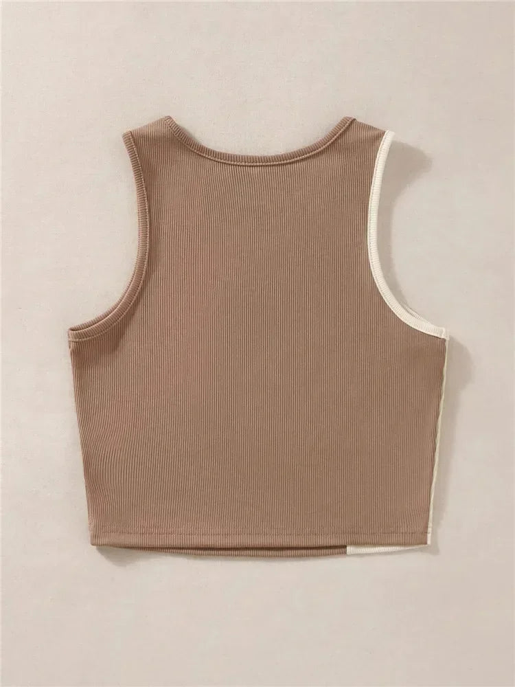 High Street Style Patchwork Rib Knit Sleeveless Crop Top Women Summer Y2K Clothes Korean Fashion Tank Top Tee Streetwear 2023