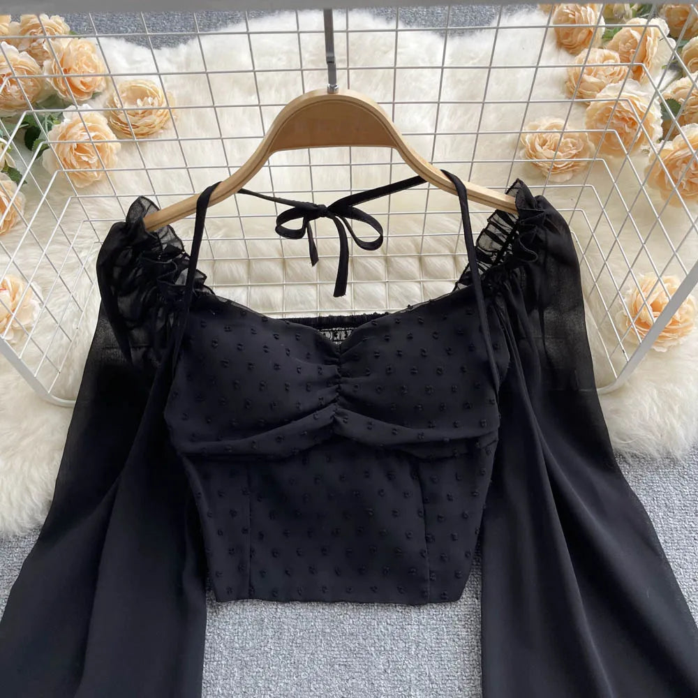 SINGREINY Polka Dot Folds Short Blouse Summer Slash Neck Long Sleeve Women Tie Halter Elastic Waist Fashion French Beach Top