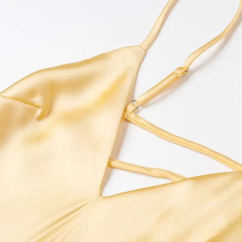 TRAFZA Women Summer Yellow Stain V Neck Sling Dress Elegant Sleeveless Loose Maxi Robes 2025 New Ladies Party Holiday Dresses