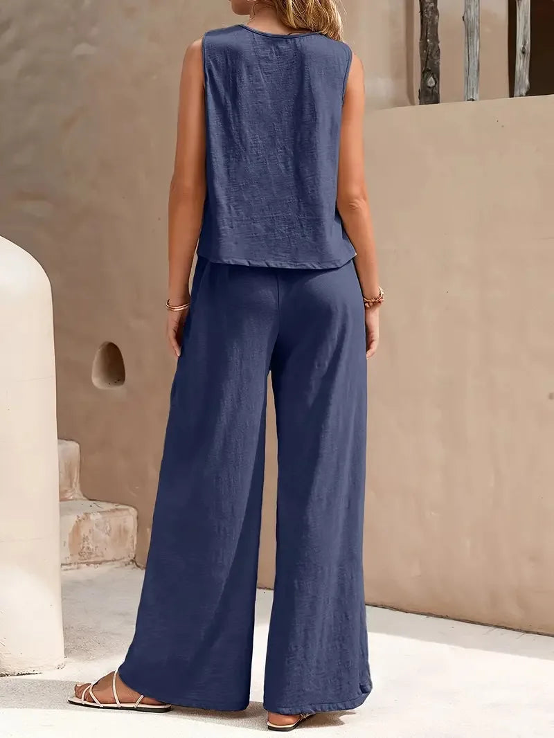 QX Womens Sleeveless Summer 2025 Pants Suit Flash Sale Solid Color Elegant Two Piece Round Neck Suit