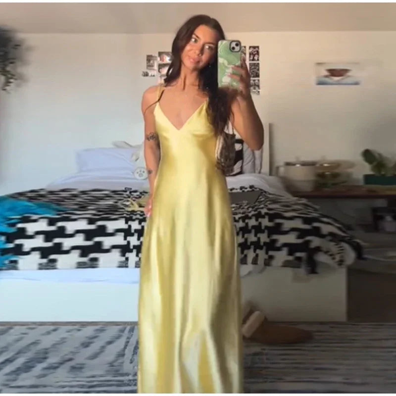 Yellow Elegant Stain Women's Sling Dress Sexy Backless Sleeveless V Neck High Waist Evening Gown Summer Chic Lady Partywear 2025