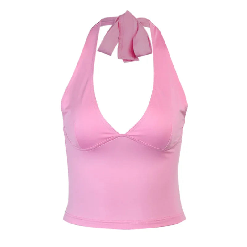 Summer Halter Camisole Tank Top Women V-Neck Sexy Tanks Camis Skinny Backless Pink Corset Tee Shirt Femme Tops WomanT-shirt
