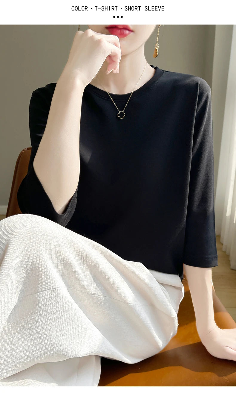 Spring And Summer New White Mercerized Cotton Short Sleeve T-Shirt Feminine Joker Cotton Cropped Sleeve Bottoming Shirt