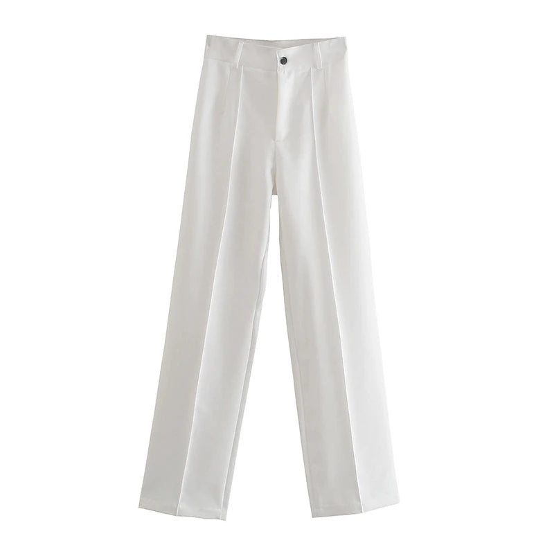 TRZA Women Chic Fashion Office Wear Straight Pants Vintage High Waist Zipper Fly Female Trousers Mujer