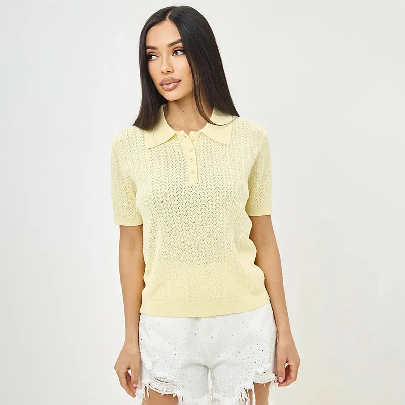 Tornova Short Sleeve Knitted T shirt Woman Summer Casual Loose Lapel Solid Ins Hot Tops Pullover Female Sweater T shirt Outwear