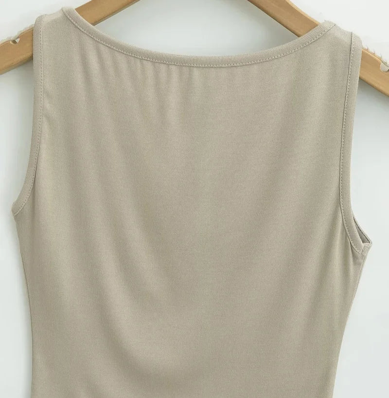 Women Double Layer Boat Neck Soft Slinky Tank Top