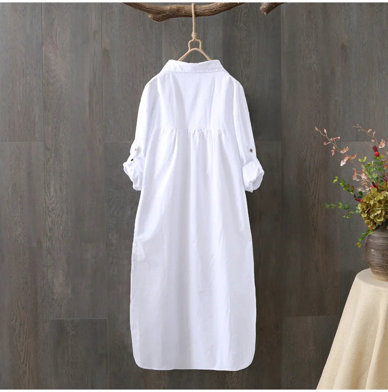 Women Cotton Embroidery Loose Long White Shirts 2025 Spring Autumn New Casual Office Lady Blouse Female Top Loose shirt