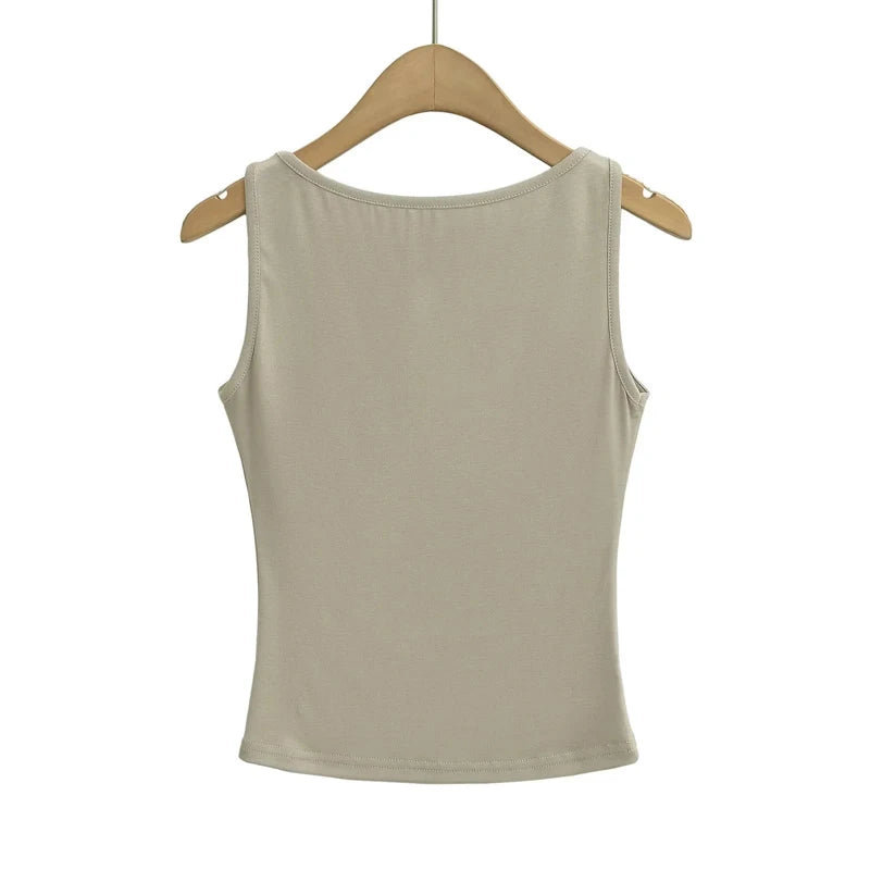 Women Double Layer Boat Neck Soft Slinky Tank Top