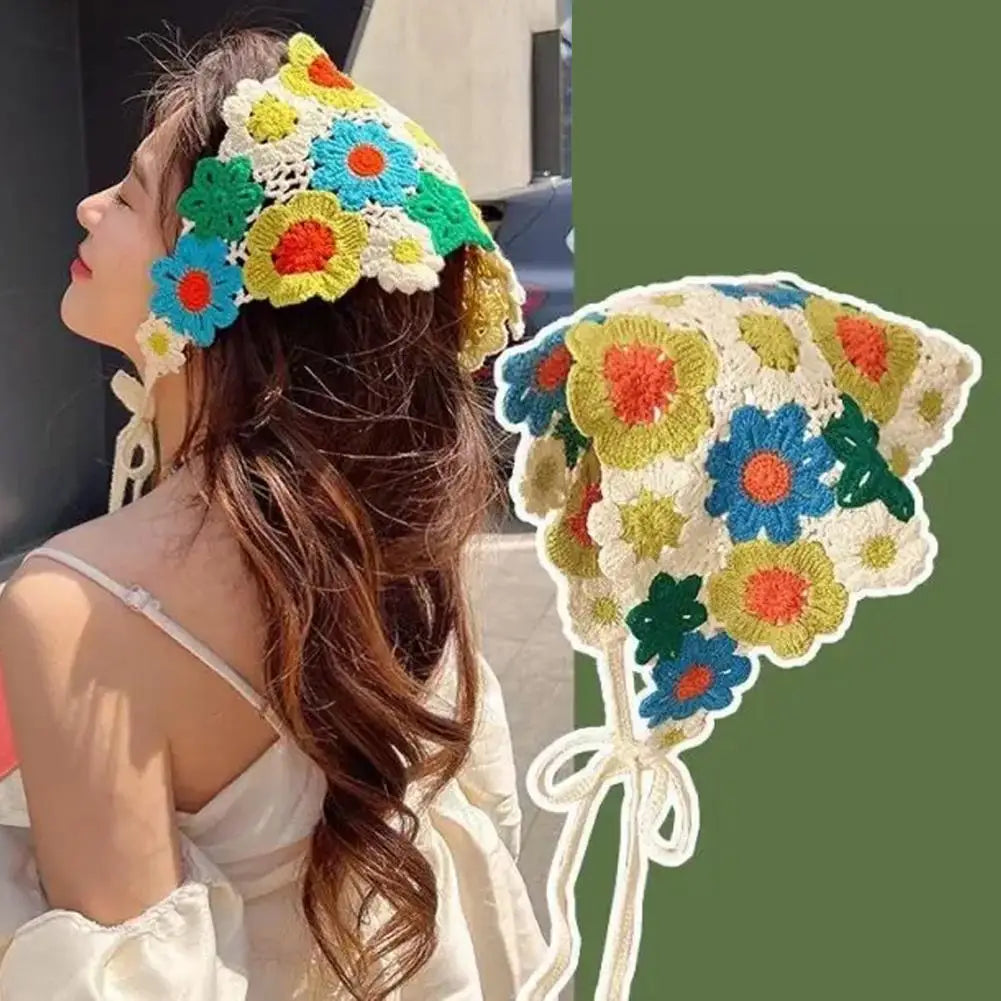 Korean Sweet Cute Handmade Crochet Hollow Triangle Headband Towel Women Spring and Summer Travel Literary Photo Hair Scarf