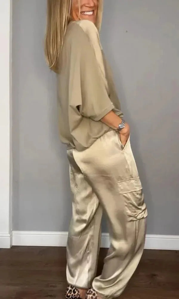 For Women Spring Summer Fashion Solid Color Satin Two Piece Set New O Neck Long Sleeve Top Long Pants Casual Loose Two Piece Set