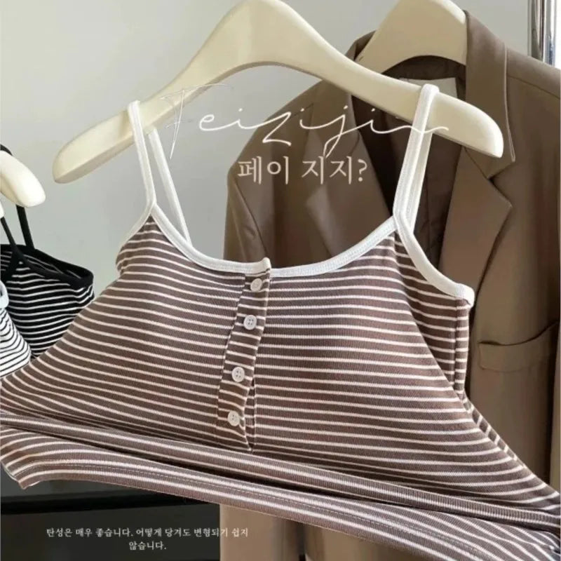 White Stripe Small Cami Women Autumn Gyaru Sexy Button Slim fit Short With Chest Pad Top NS5861