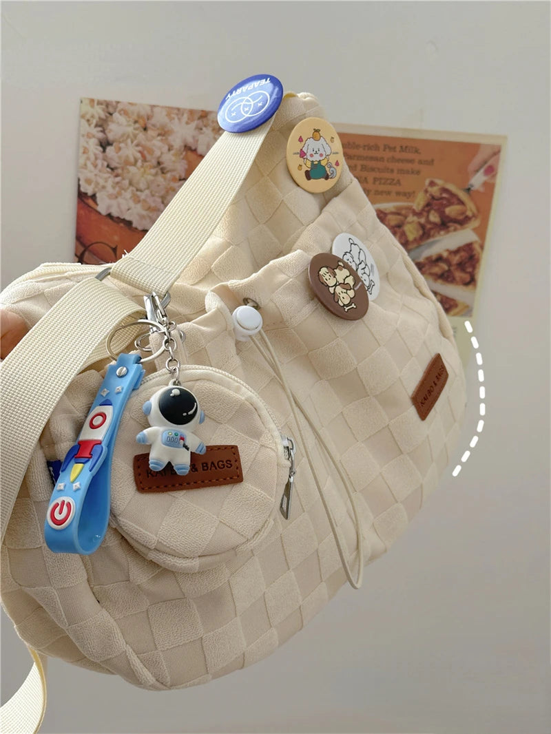 Xiuya Harajuku Style College Crossbody Bag Solid Color Plaid Print Large Capacity Shoulder Bag New Cute Fashion Designer Handbag