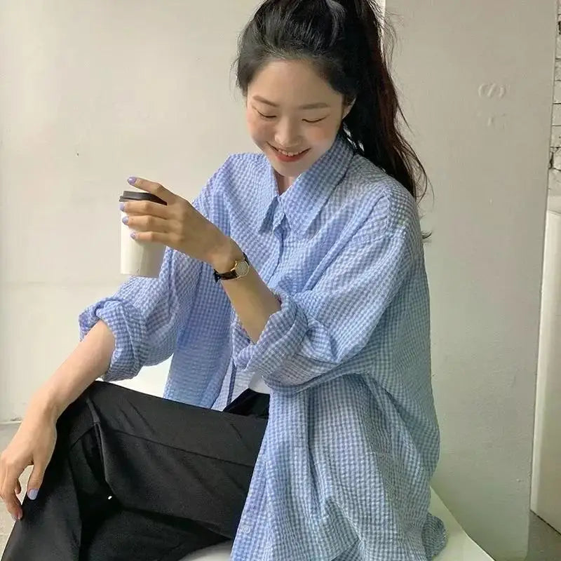 Korean Women's Shirt Sunscreen Long Sleeves Shirt Summer Women's Loose Casual Single Breasted Turndown Collar Plaid