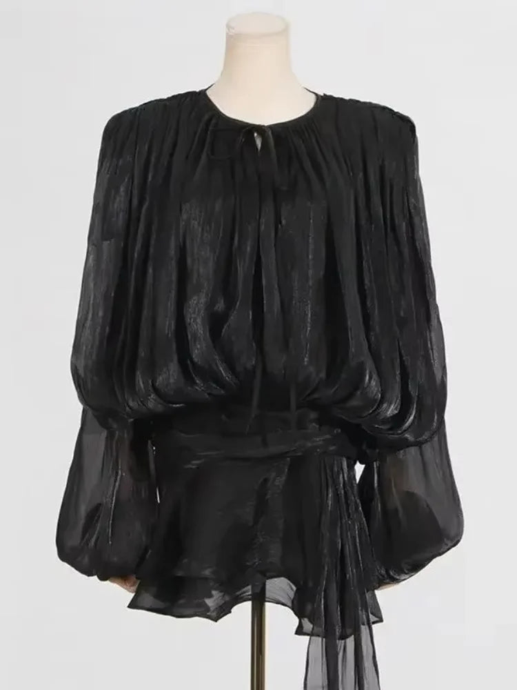 Elegant Ruffles Shiny Mini Dresses Fashion Solid Long Sleeve Lace Up V Neck Pleated Dress New Summer Party Women's Vestidos 2025