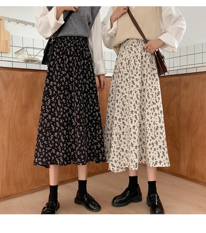 Vintage Floral Print A-line Pleated Long Skirts Summer Women 2024 Korean Skirt Streetwear Drawstring Elastic Waist Midi Skirt