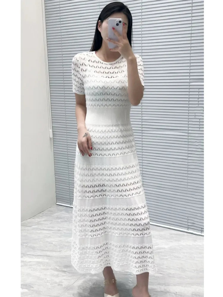 CHUJIE Women's 2025 Summer Lace Trim Dress Set - Round Neck Short Sleeve Midi Dress + Slip Dress 2 Piece Set (Rayon Nylon Blend)