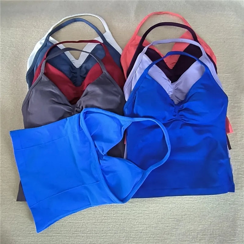 HBC Sexy V Neck Gym Tank Top Longline Strappy Vest Women Seamless Sports Running Tank Top Slim Fit Yoga Padded Workout