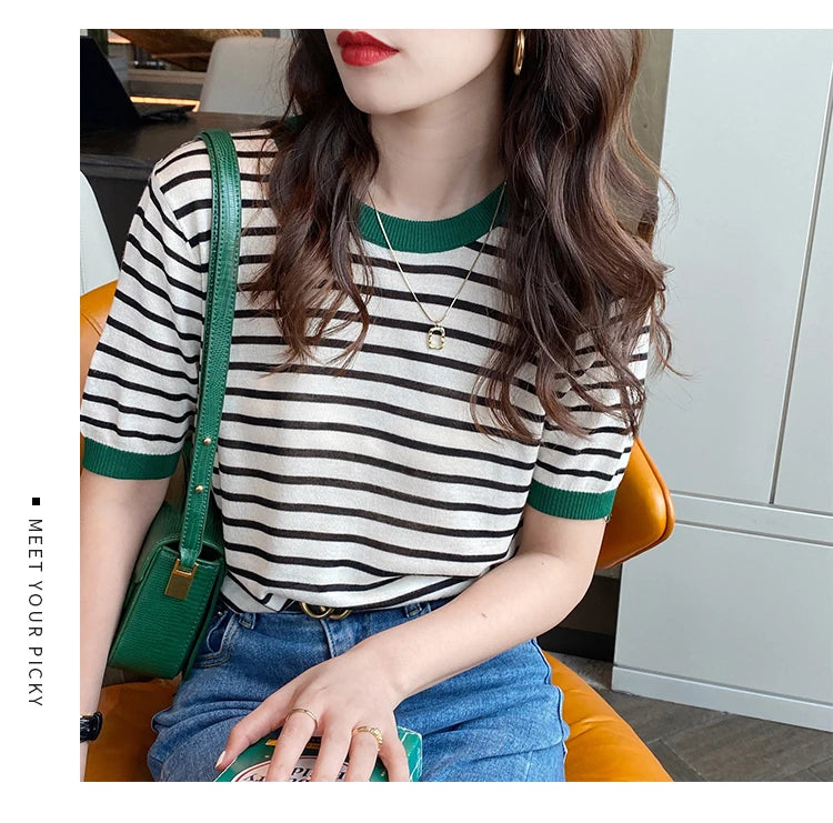 2025 Stripe Tops Women Knitted Round Collar Summer Print Short Sleeve Casual Simple Wild T-Shirt