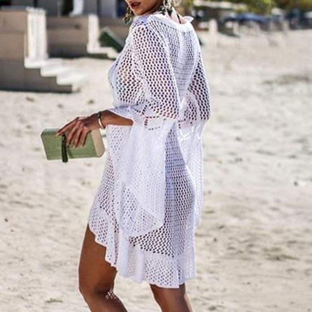 Sexy Women’s Bathing Suit Beach Cover Up Hollow Out Knitted Women Flared Sleeves Solid Color Beach Dress saida de praia