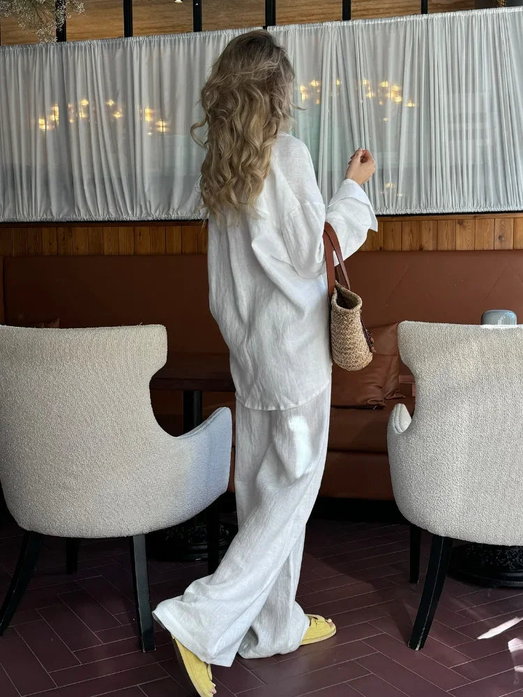 Classic Solid Shirt Pants Set Women Casual Loose Long Sleeved Lapel Elastic Waist Two Piece Suit 2025 New Summer Street Outfit