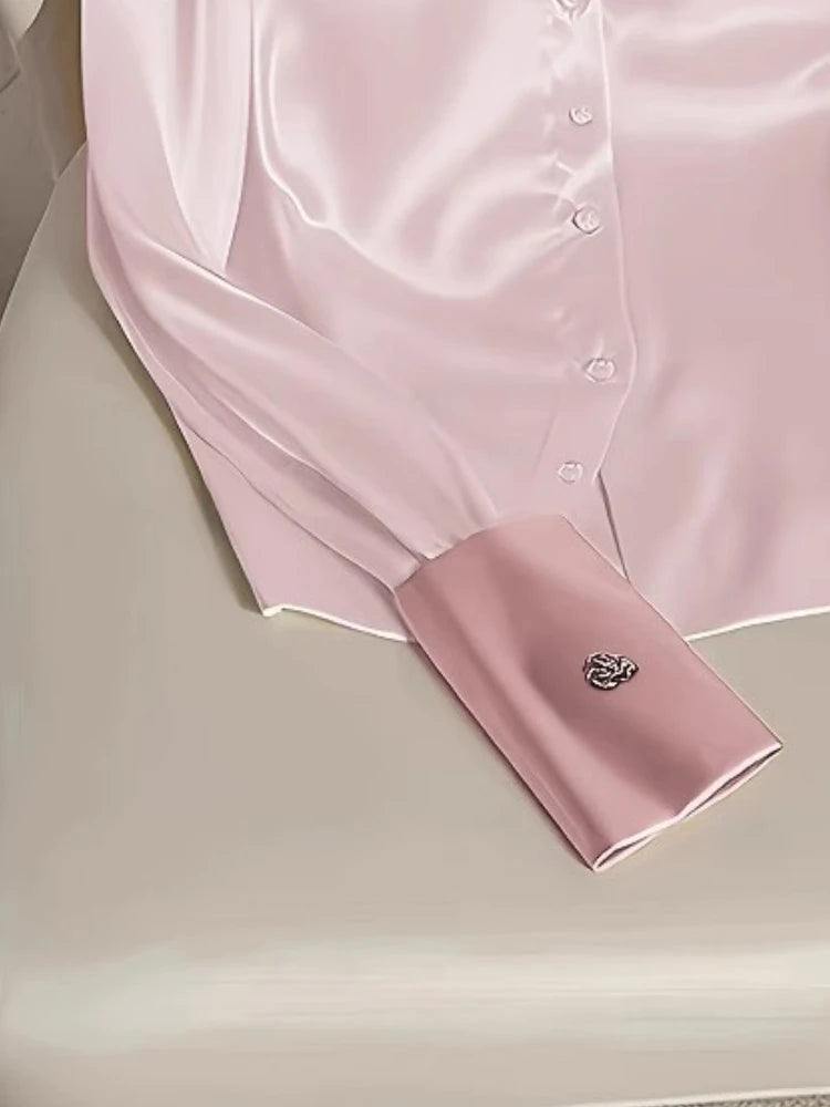 Elegant French Women's Pink/White Satin Shirt Turn-down Collar Long Sleeve Blouse Spring Autumn for Women Casual Office Lady New