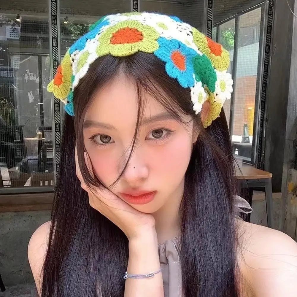 Korean Sweet Cute Handmade Crochet Hollow Triangle Headband Towel Women Spring and Summer Travel Literary Photo Hair Scarf