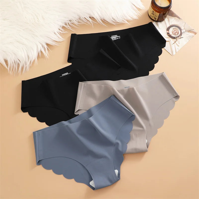 Ice Silk Seamless Panties 4PCS/Set Women's Briefs Solid Color Elastic Underwear Female Ultra Thin No Trace Wavy Side Panties