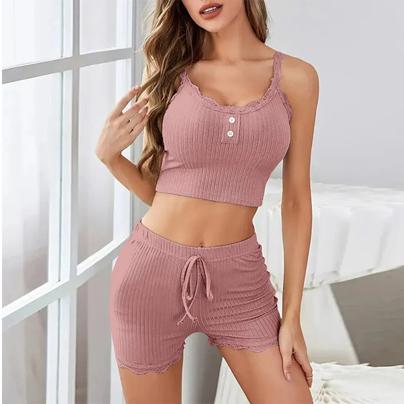 Women's Ribbed Knitted Two-Piece Pajama with Exposed Navel Lace Camisole Vest and Shorts Pajama Set for Casual Home Use