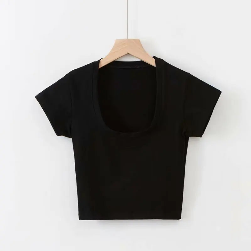 U-Neck Crop Top Solid Color Women Casual High Waist T Shirt Basic Sexy Streetwear Short Sleeve Slimming Tops