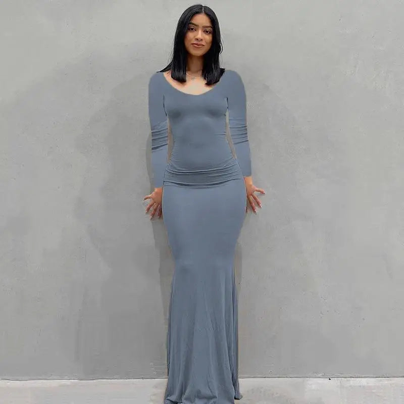 2025 Autumn Long Sleeve Dresses For Women Sexy V Neck Bodycon Solid Elegant Long Dress Y2k Skinny Trumpet Maxi Vestidos